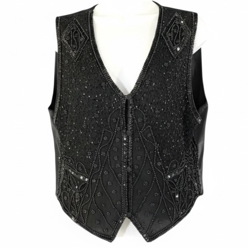 Vintage 90’s Silk Sequin Beaded Vest Black M Avant Garde Statement Formal